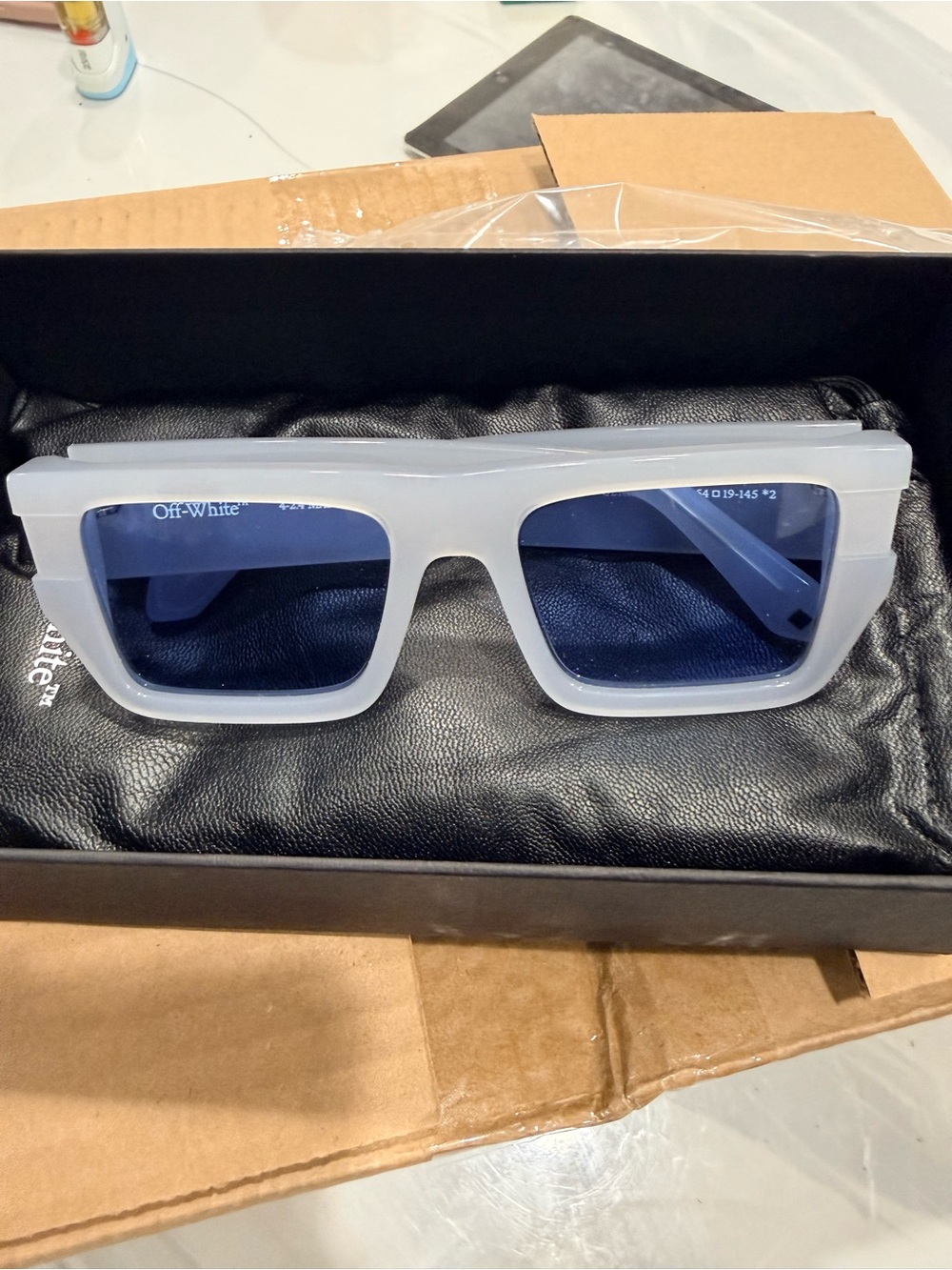 Off-White Oversized Square Sunglasses in Frosted White with Blue Lenses